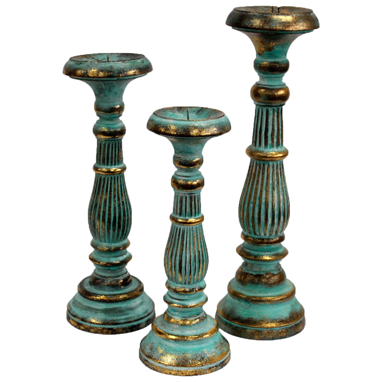 Vintage Large Turquoise Candle Stands | Handcrafted Wooden Decor