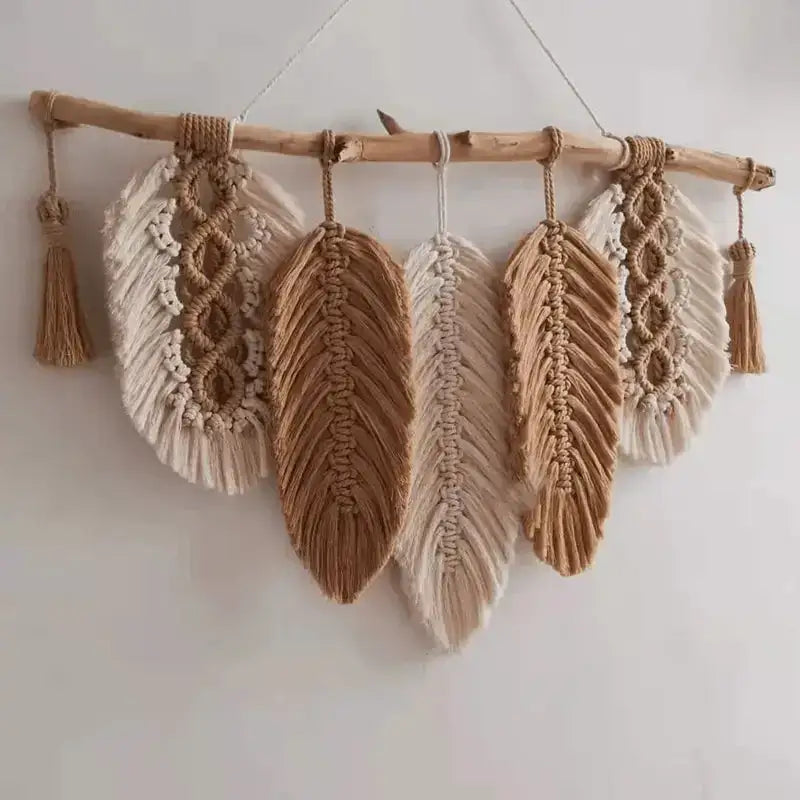 Hand-Woven Colorful Leaf Fringed Tapestry Beige & Brown - Beige / 65x35cm - Decorative Tapestries