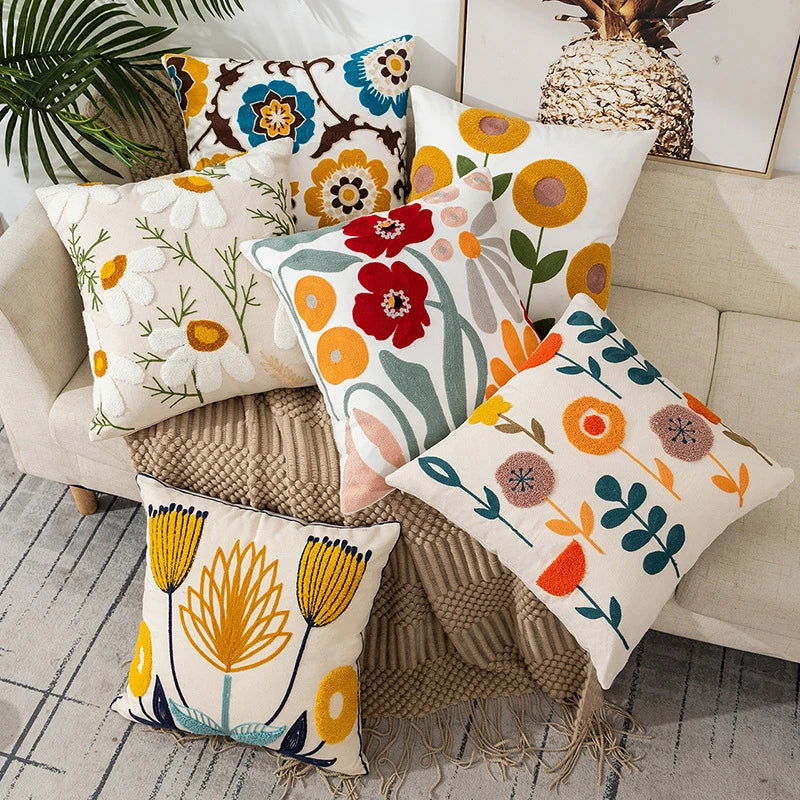 Flower Embroidery Throw Pillow Cover -  - Harfiy