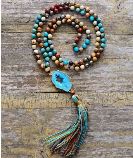 Gilded Druzy Turquoise & Jasper Tassel Necklace -  - Harfiy