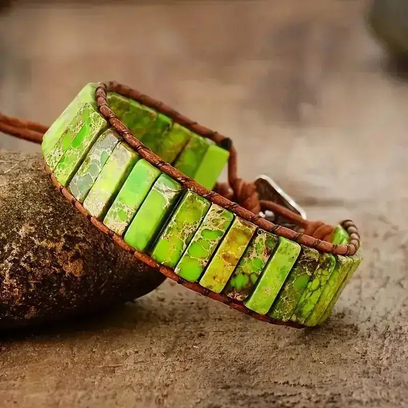 Handcrafted bracelet with green leather and brown accents, titled 'Nature Bracelet'