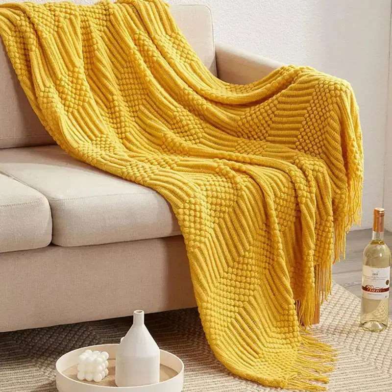 Hand Knitted Tassel Throw Blanket -  - Harfiy