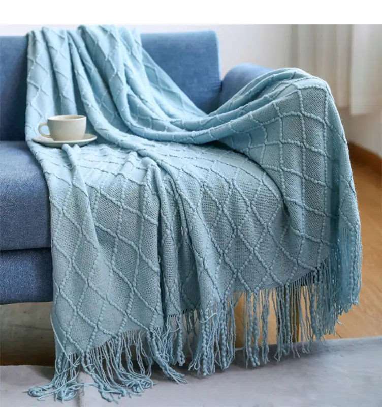 Lake Blue Knitted Throw Blanket -  - Harfiy