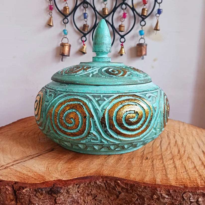 Round Wooden Turquoise Trinket Jewellery Box