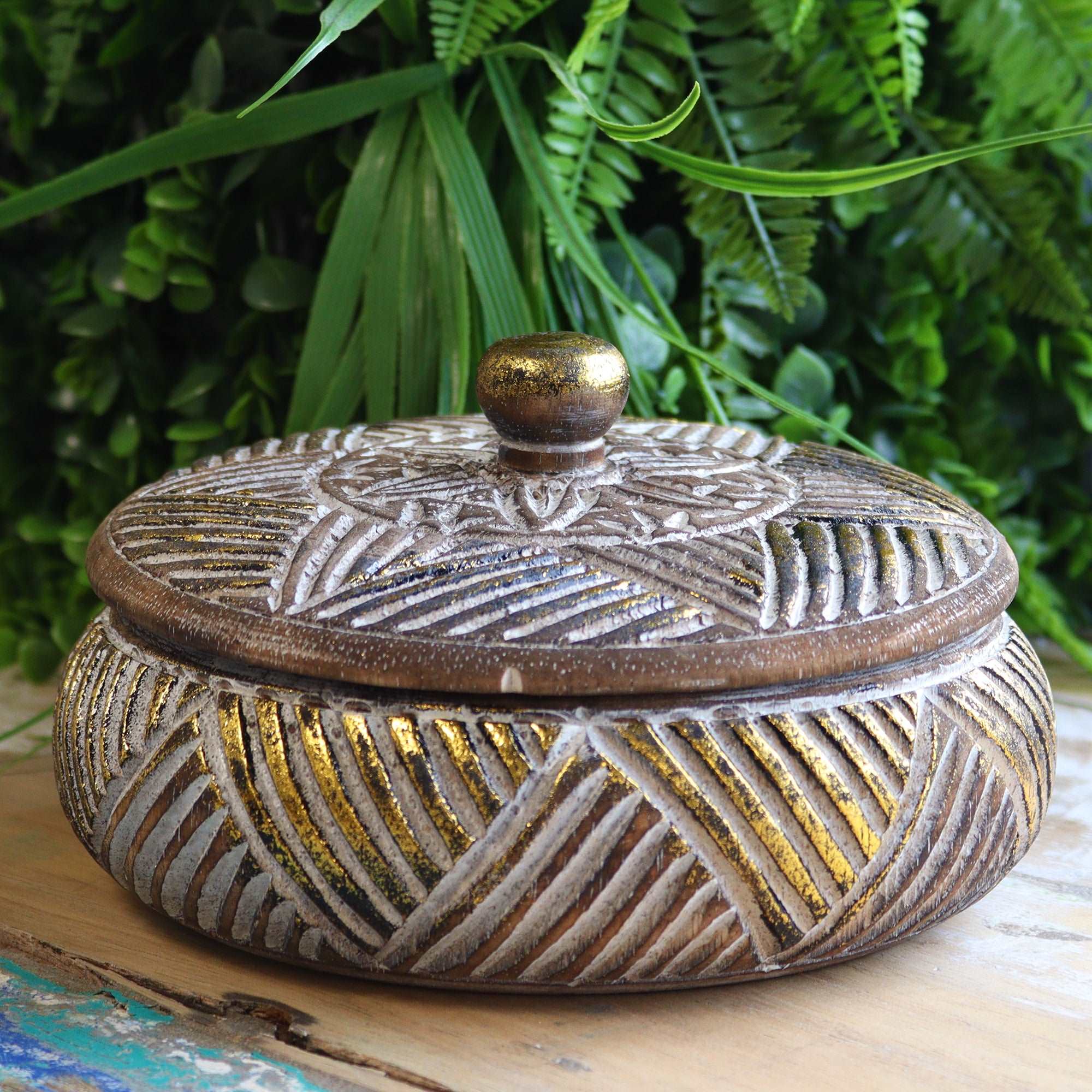 Round Wooden Gold & Natural Trinket Jeweler Box | Harfiy Home Decor