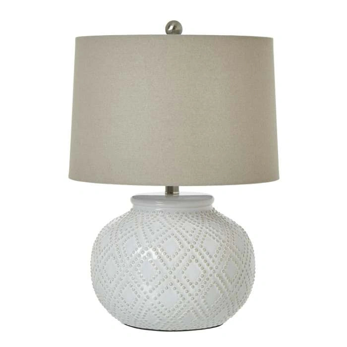 Squat White Beaded Ceramic Lamp With Line Shade