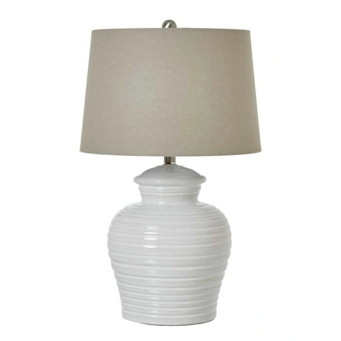 White Ceramic Pot Lamp With Line Shade