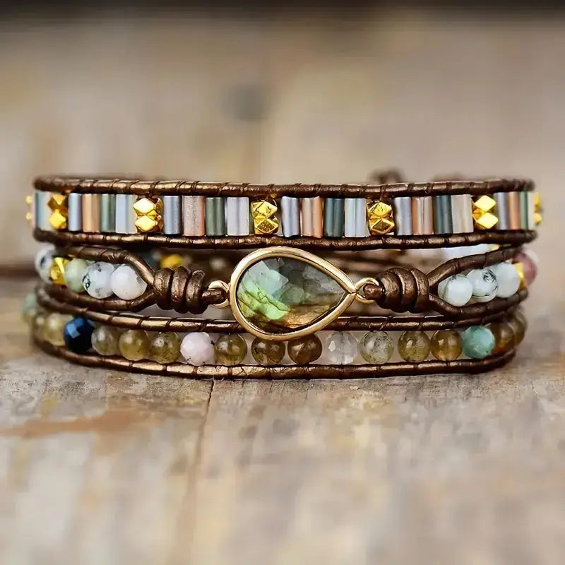 Labradorite and rhinestone embellished wrap bracelet with gold-tone accents