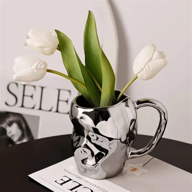 Silver Cup-Shaped Ceramic Vase - Electroplated silver - Vase