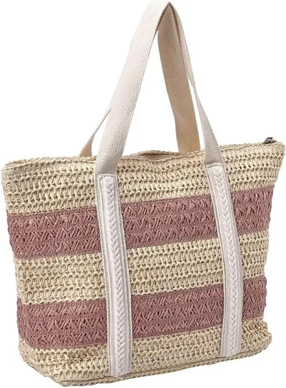 Straw Stripe Patterned Tote Bag Summer Straw Bag - Pink - Totebag